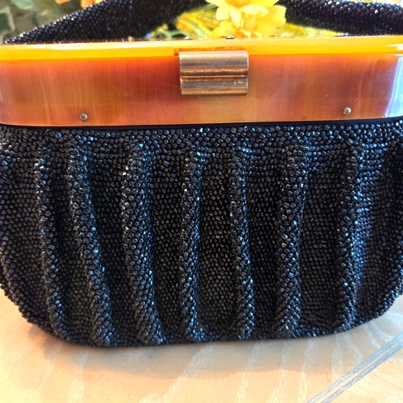 Rare Find Vintage Black Heavily Beaded & Pleated Box Purse 1940s - Picture 5 of 17